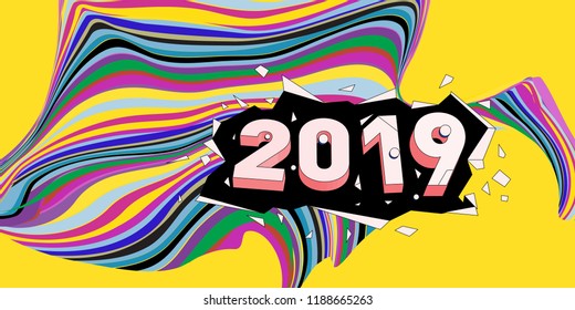 2019 New Year text with Wavy Colorful Line Background. New Year Design Template for Card, Poster, and Party Celebration.