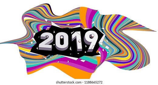 2019 New Year text with Wavy Colorful Line Background. New Year Design Template for Card, Poster, and Party Celebration.