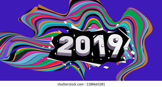 2019 New Year text with Wavy Colorful Line Background. New Year Design Template for Card, Poster, and Party Celebration.