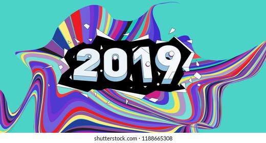 2019 New Year text with Wavy Colorful Line Background. New Year Design Template for Card, Poster, and Party Celebration.