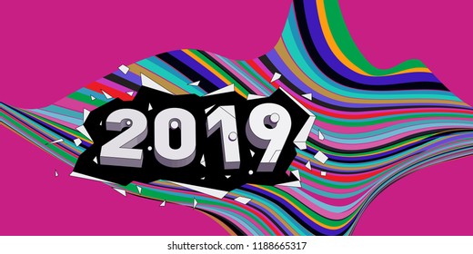 2019 New Year text with Wavy Colorful Line Background. New Year Design Template for Card, Poster, and Party Celebration.