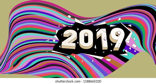2019 New Year text with Wavy Colorful Line Background. New Year Design Template for Card, Poster, and Party Celebration.