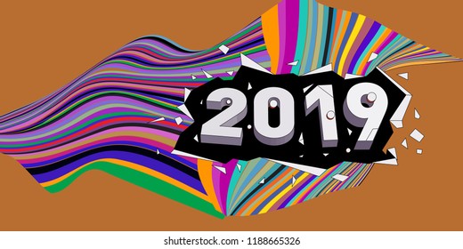 2019 New Year text with Wavy Colorful Line Background. New Year Design Template for Card, Poster, and Party Celebration.