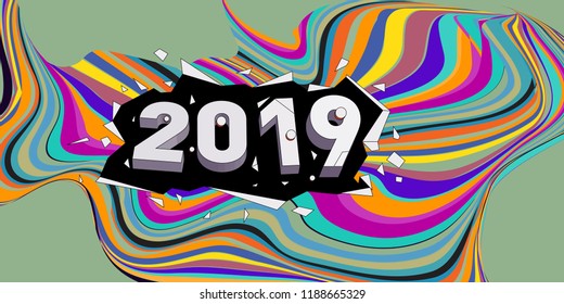 2019 New Year text with Wavy Colorful Line Background. New Year Design Template for Card, Poster, and Party Celebration.