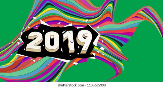 2019 New Year text with Wavy Colorful Line Background. New Year Design Template for Card, Poster, and Party Celebration.