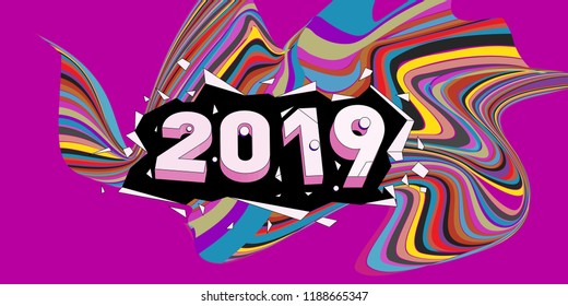2019 New Year text with Wavy Colorful Line Background. New Year Design Template for Card, Poster, and Party Celebration.