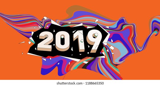 2019 New Year text with Wavy Colorful Line Background. New Year Design Template for Card, Poster, and Party Celebration.