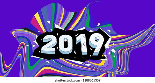 2019 New Year text with Wavy Colorful Line Background. New Year Design Template for Card, Poster, and Party Celebration.