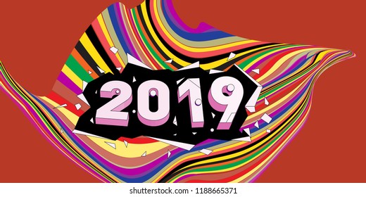 2019 New Year text with Wavy Colorful Line Background. New Year Design Template for Card, Poster, and Party Celebration.