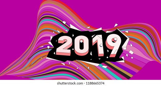 2019 New Year text with Wavy Colorful Line Background. New Year Design Template for Card, Poster, and Party Celebration.