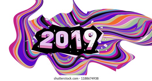 2019 New Year text with Wavy Colorful Line Background. New Year Design Template for Card, Poster, and Party Celebration.
