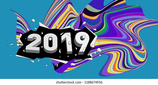 2019 New Year text with Wavy Colorful Line Background. New Year Design Template for Card, Poster, and Party Celebration.