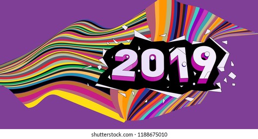 2019 New Year text with Wavy Colorful Line Background. New Year Design Template for Card, Poster, and Party Celebration.
