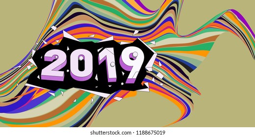 2019 New Year text with Wavy Colorful Line Background. New Year Design Template for Card, Poster, and Party Celebration.
