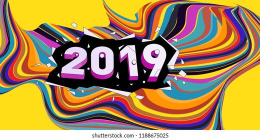 2019 New Year text with Wavy Colorful Line Background. New Year Design Template for Card, Poster, and Party Celebration.