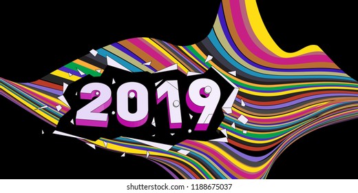 2019 New Year text with Wavy Colorful Line Background. New Year Design Template for Card, Poster, and Party Celebration.
