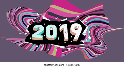 2019 New Year text with Wavy Colorful Line Background. New Year Design Template for Card, Poster, and Party Celebration.