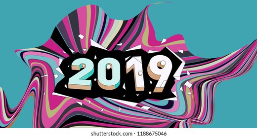 2019 New Year text with Wavy Colorful Line Background. New Year Design Template for Card, Poster, and Party Celebration.