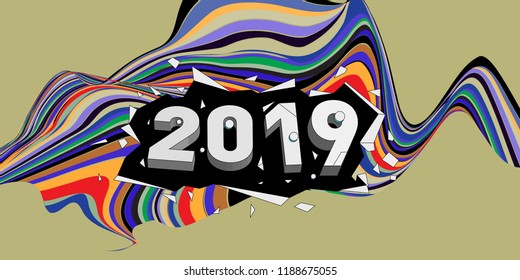 2019 New Year text with Wavy Colorful Line Background. New Year Design Template for Card, Poster, and Party Celebration.