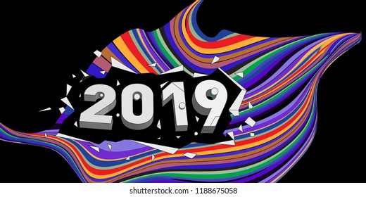 2019 New Year text with Wavy Colorful Line Background. New Year Design Template for Card, Poster, and Party Celebration.