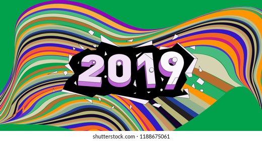 2019 New Year text with Wavy Colorful Line Background. New Year Design Template for Card, Poster, and Party Celebration.