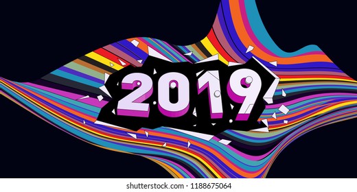 2019 New Year text with Wavy Colorful Line Background. New Year Design Template for Card, Poster, and Party Celebration.