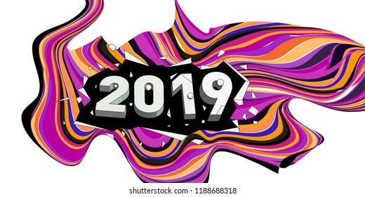 2019 New Year text with Wavy Colorful Line Background. New Year Design Template for Card, Poster, and Party Celebration.