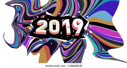 2019 New Year text with Wavy Colorful Line Background. New Year Design Template for Card, Poster, and Party Celebration.