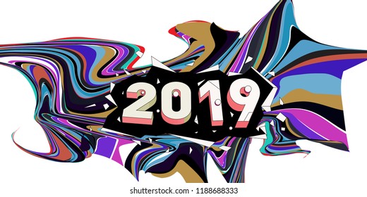 2019 New Year text with Wavy Colorful Line Background. New Year Design Template for Card, Poster, and Party Celebration.