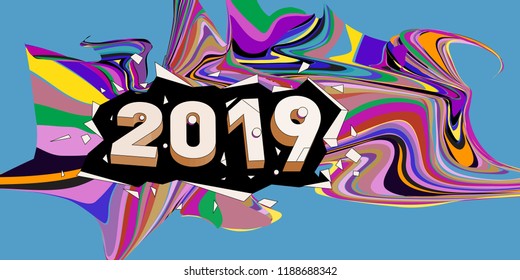 2019 New Year text with Wavy Colorful Line Background. New Year Design Template for Card, Poster, and Party Celebration.