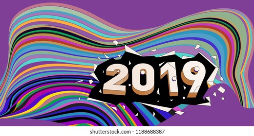2019 New Year text with Wavy Colorful Line Background. New Year Design Template for Card, Poster, and Party Celebration.