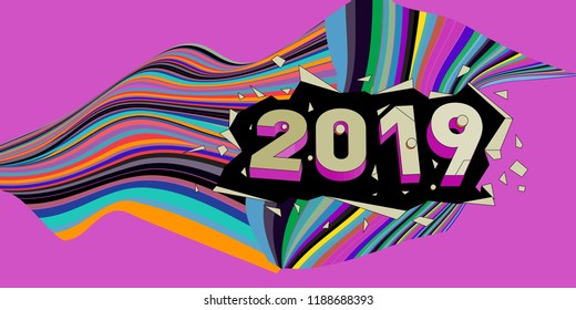 2019 New Year text with Wavy Colorful Line Background. New Year Design Template for Card, Poster, and Party Celebration.
