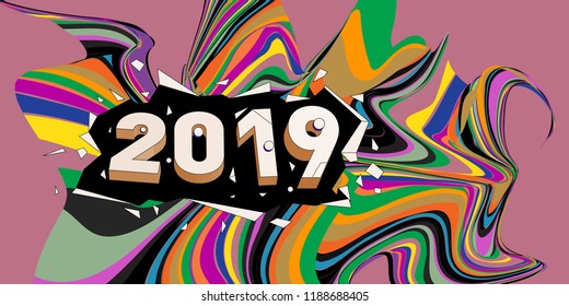 2019 New Year text with Wavy Colorful Line Background. New Year Design Template for Card, Poster, and Party Celebration.