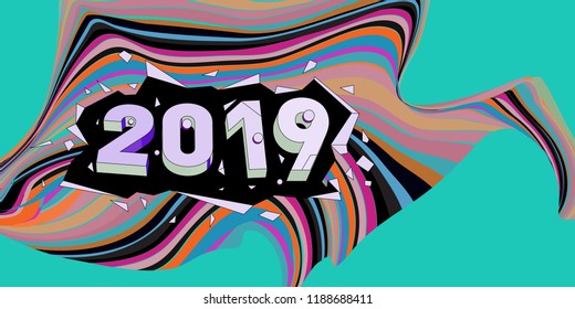 2019 New Year text with Wavy Colorful Line Background. New Year Design Template for Card, Poster, and Party Celebration.