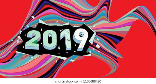 2019 New Year text with Wavy Colorful Line Background. New Year Design Template for Card, Poster, and Party Celebration.