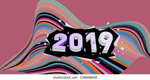 2019 New Year text with Wavy Colorful Line Background. New Year Design Template for Card, Poster, and Party Celebration.
