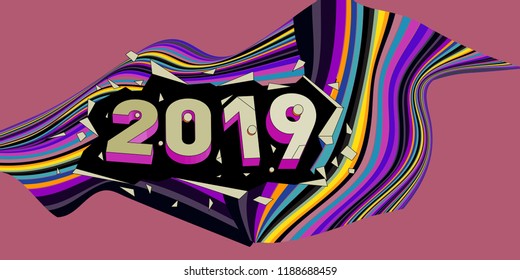 2019 New Year text with Wavy Colorful Line Background. New Year Design Template for Card, Poster, and Party Celebration.