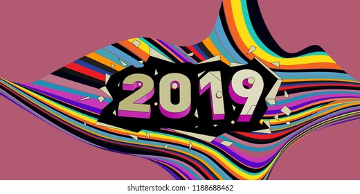 2019 New Year text with Wavy Colorful Line Background. New Year Design Template for Card, Poster, and Party Celebration.