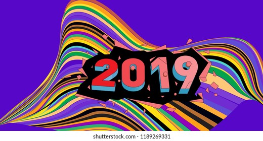 2019 New Year text with Wavy Colorful Line Background. New Year Design Template for Card, Poster, and Party Celebration.