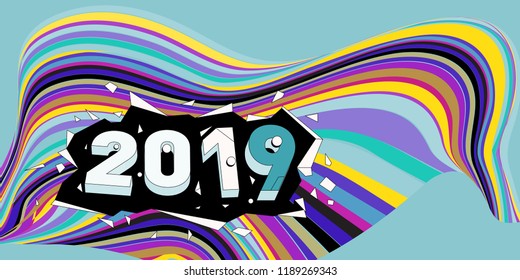 2019 New Year text with Wavy Colorful Line Background. New Year Design Template for Card, Poster, and Party Celebration.