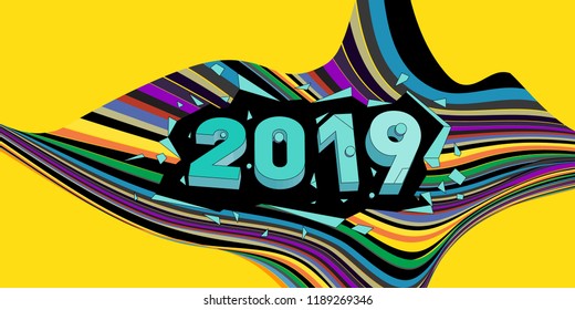 2019 New Year text with Wavy Colorful Line Background. New Year Design Template for Card, Poster, and Party Celebration.