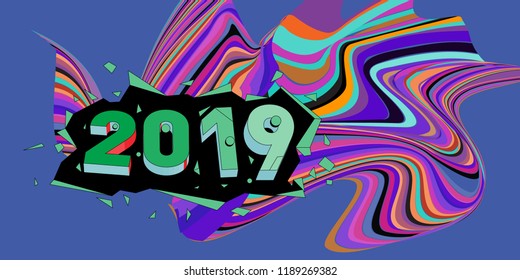 2019 New Year text with Wavy Colorful Line Background. New Year Design Template for Card, Poster, and Party Celebration.