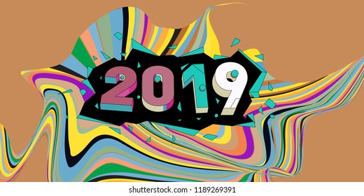 2019 New Year text with Wavy Colorful Line Background. New Year Design Template for Card, Poster, and Party Celebration.