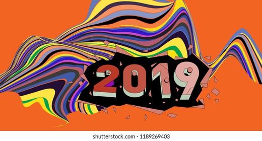 2019 New Year text with Wavy Colorful Line Background. New Year Design Template for Card, Poster, and Party Celebration.