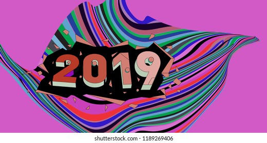 2019 New Year text with Wavy Colorful Line Background. New Year Design Template for Card, Poster, and Party Celebration.
