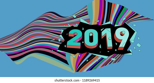 2019 New Year text with Wavy Colorful Line Background. New Year Design Template for Card, Poster, and Party Celebration.