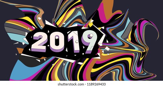 2019 New Year text with Wavy Colorful Line Background. New Year Design Template for Card, Poster, and Party Celebration.