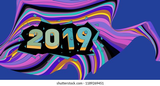 2019 New Year text with Wavy Colorful Line Background. New Year Design Template for Card, Poster, and Party Celebration.