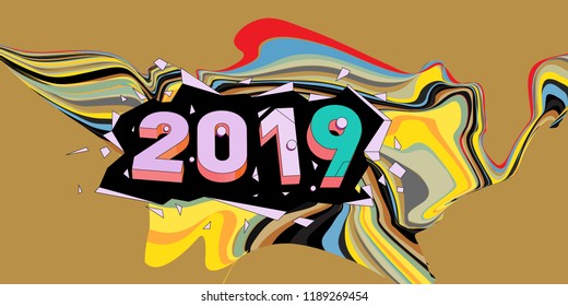 2019 New Year text with Wavy Colorful Line Background. New Year Design Template for Card, Poster, and Party Celebration.