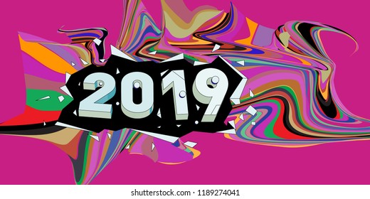 2019 New Year text with Wavy Colorful Line Background. New Year Design Template for Card, Poster, and Party Celebration.